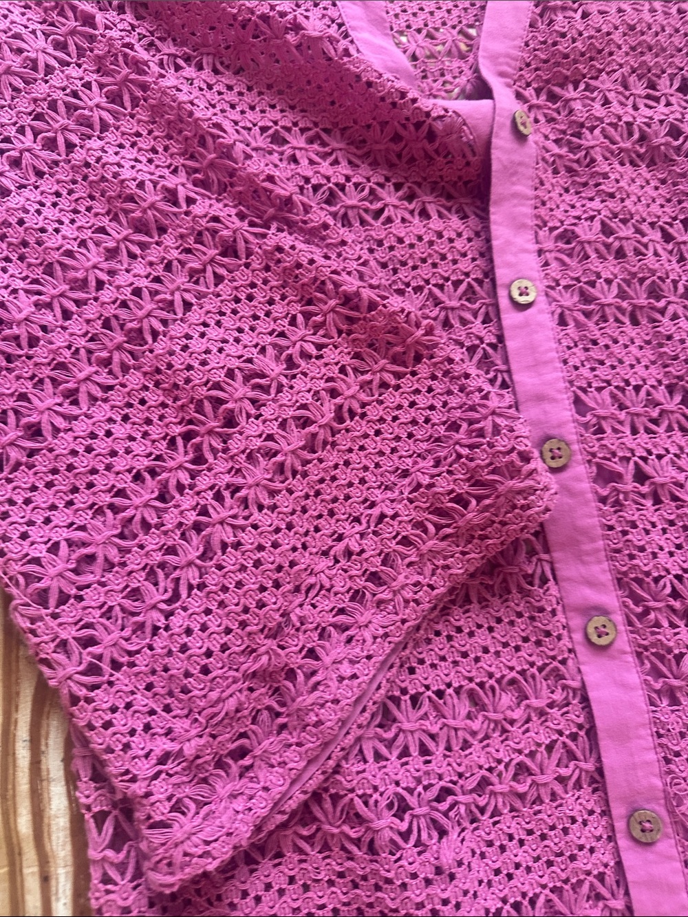 Crocheted Button-Front Pinkish Duster Coverup - Picture 3 of 4